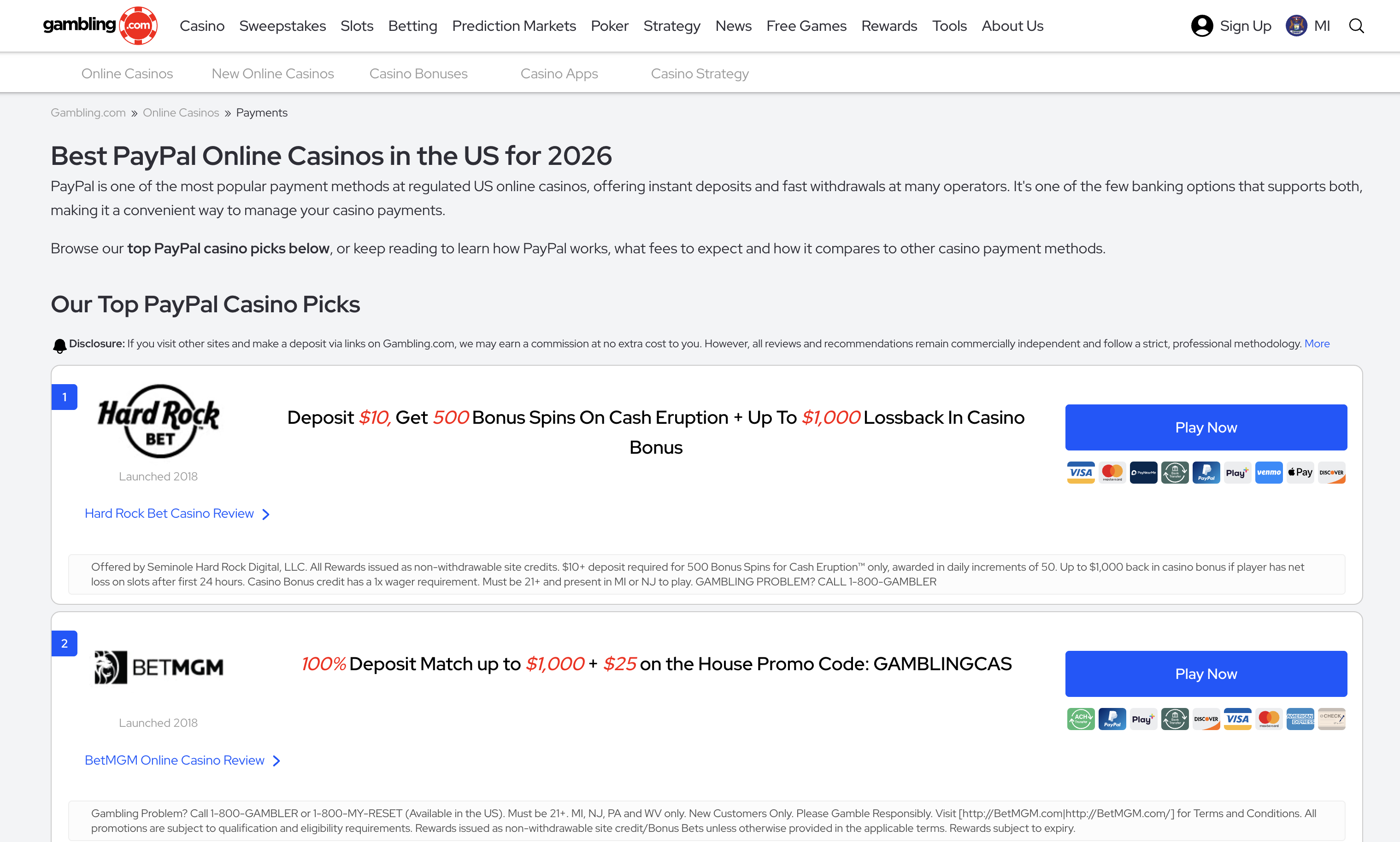 Gambling.com casino bonus listing page