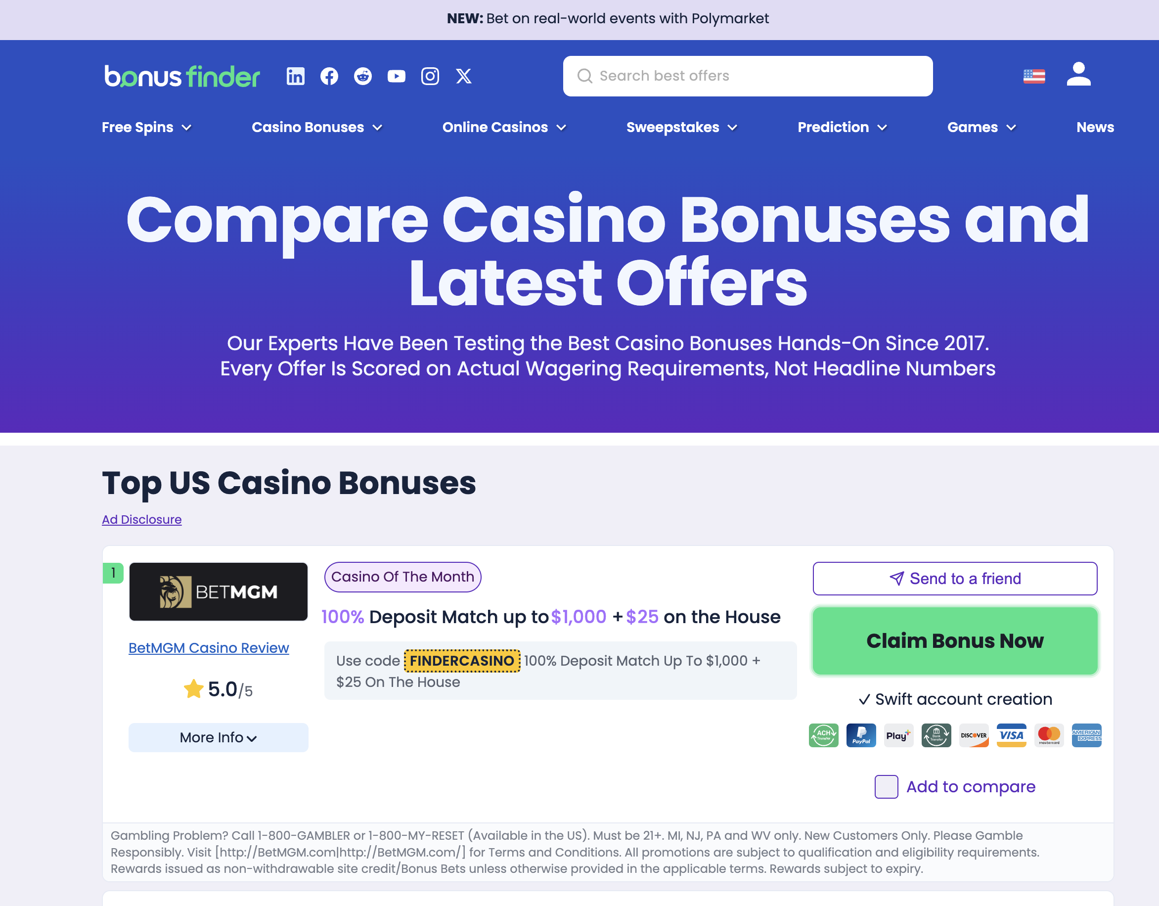 BonusFinder casino bonus comparison page