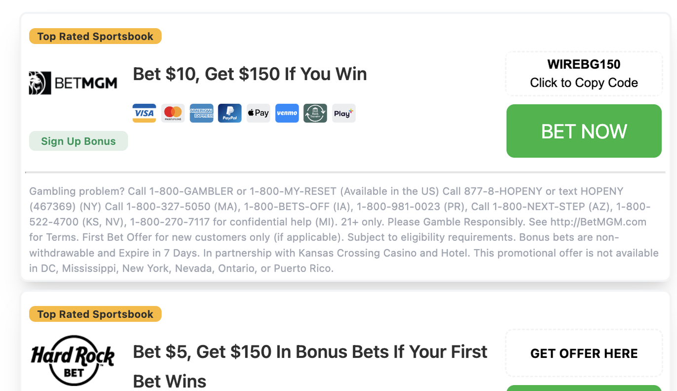 Sportsbook sign-up bonus promo listing