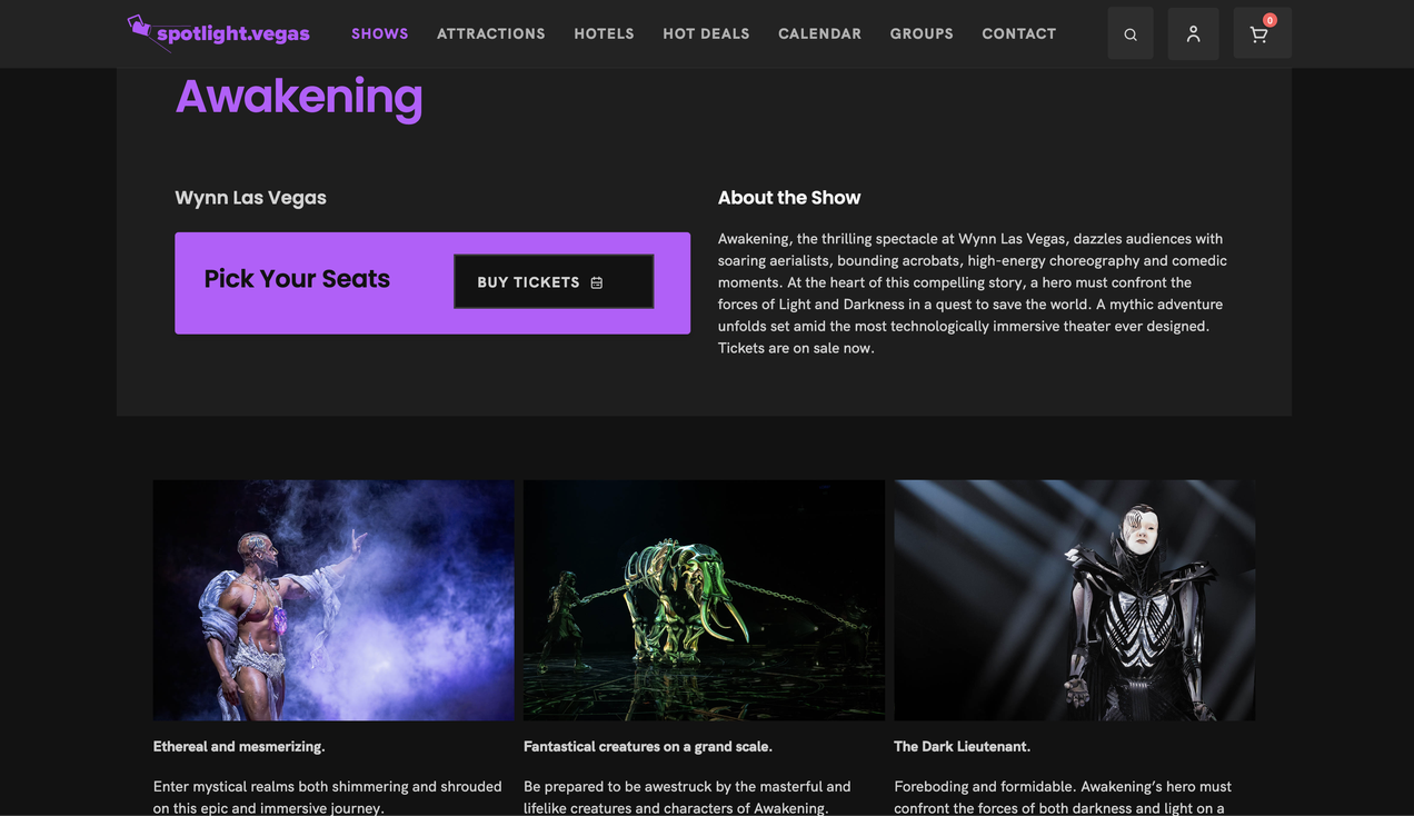 Spotlight.Vegas homepage with featured shows
