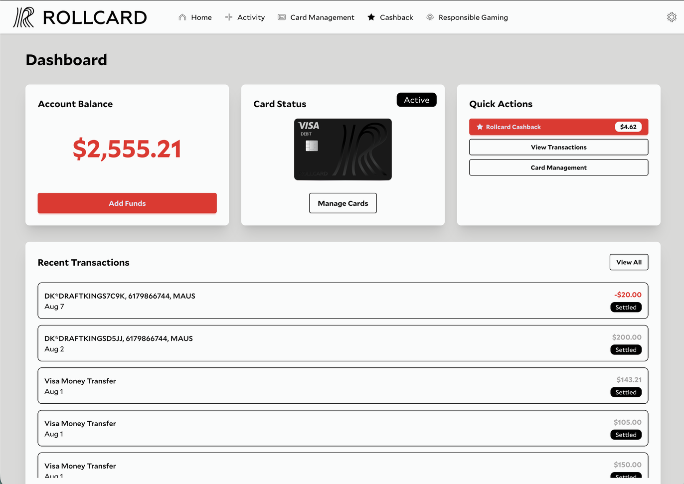 Rollcard dashboard showing account balance and recent transactions