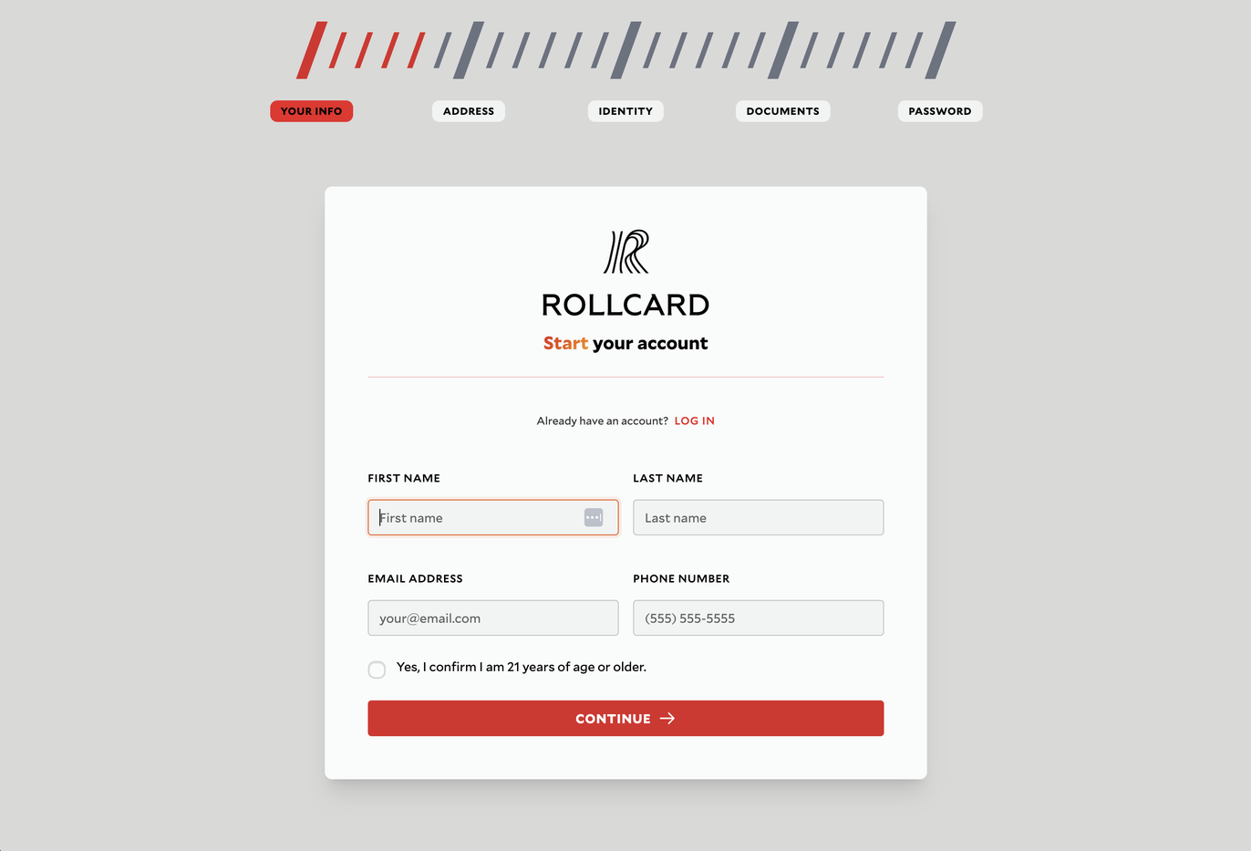Rollcard account signup form