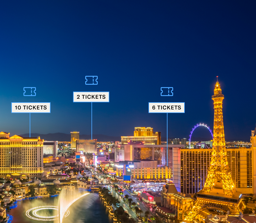 Las Vegas strip with ticket callouts over a mustard herringbone pattern