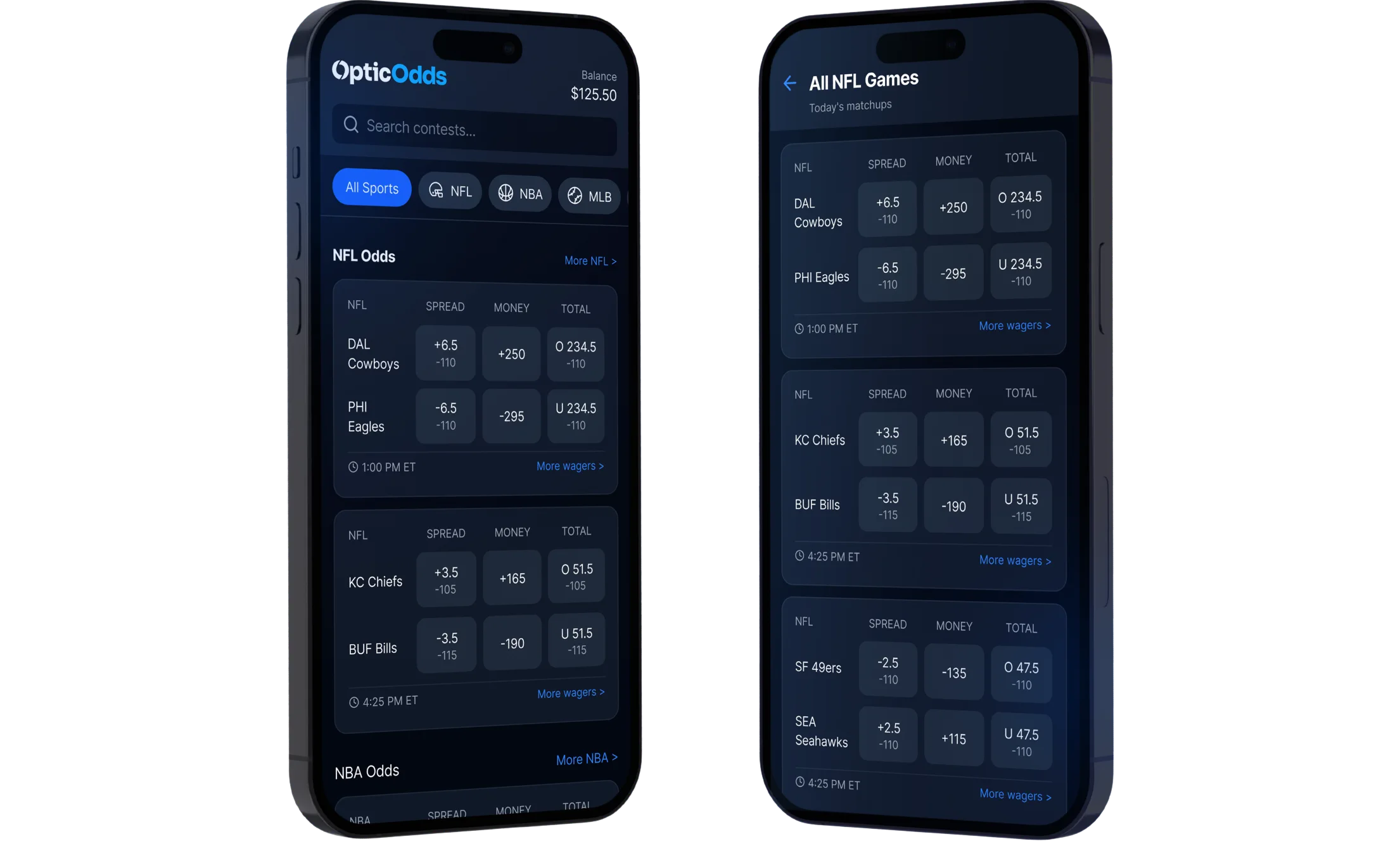 OpticOdds mobile app on two phones