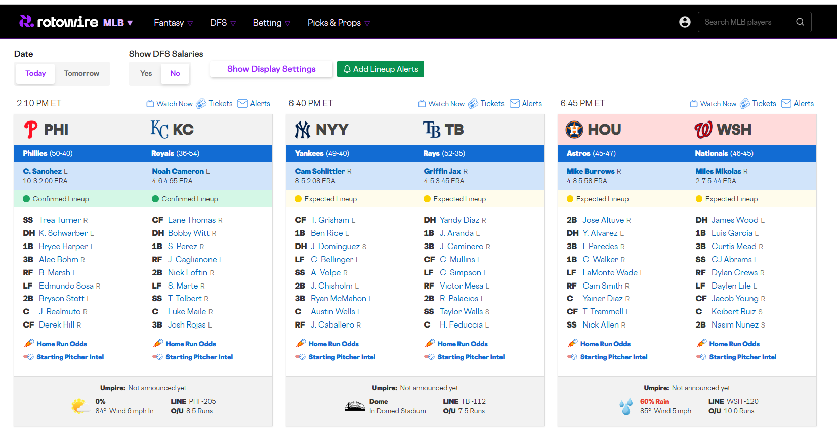RotoWire MLB matchup lineups